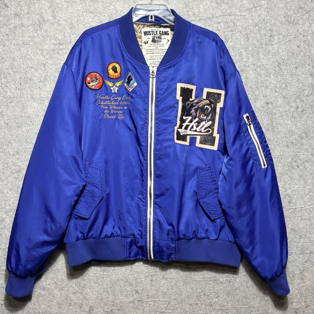 Hustle Gang 4XL Blue MA-1 Bomber Jacket Patches Quilted Lined Streetwear